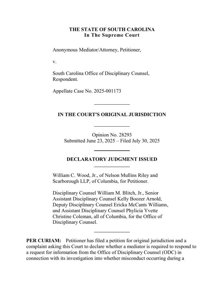 Page 1 of the opinion Anonymous Mediator/Attorney v. SC Office of Disciplinary Counsel,