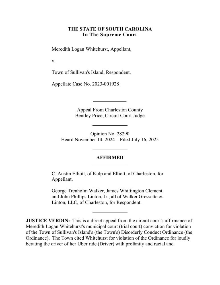 Page 1 of the opinion Meredith Logan Whitehurst v. Town of Sullivan's Island