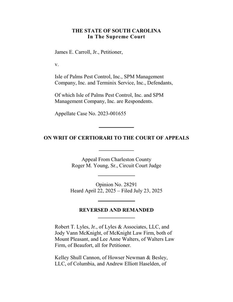 Page 1 of the opinion James E. Carroll, Jr. v. Isle of Palms Pest Control, Inc.