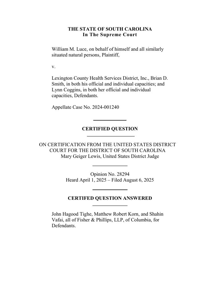 Page 1 of the opinion William M. Luce, et al. v. Lexington County Health Services District, Inc., et al.