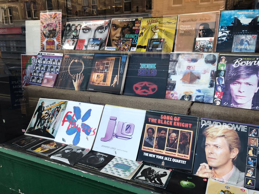 The window of Thorpes of Gosforth, showing vinyl records 