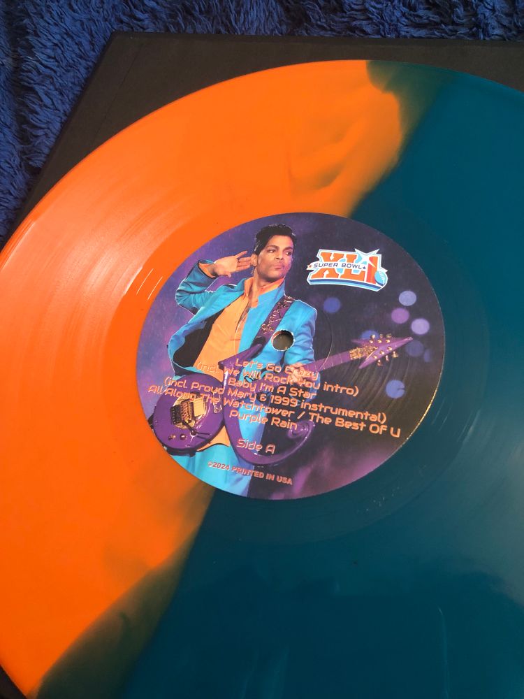 A close-up of the label of Prince’s Super Bowl LVI on 10-inch vinyl 