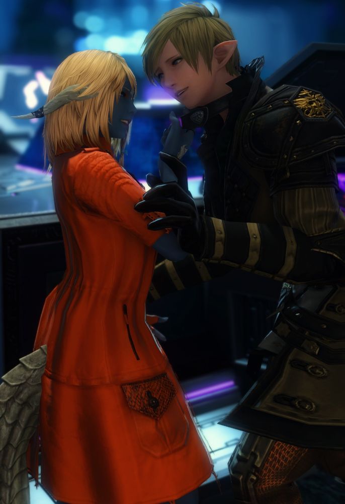 Ajhure hooks a finger through Shale's choker and pulls her in. Shale looks flustered. Ajhure has a wicked smile. 