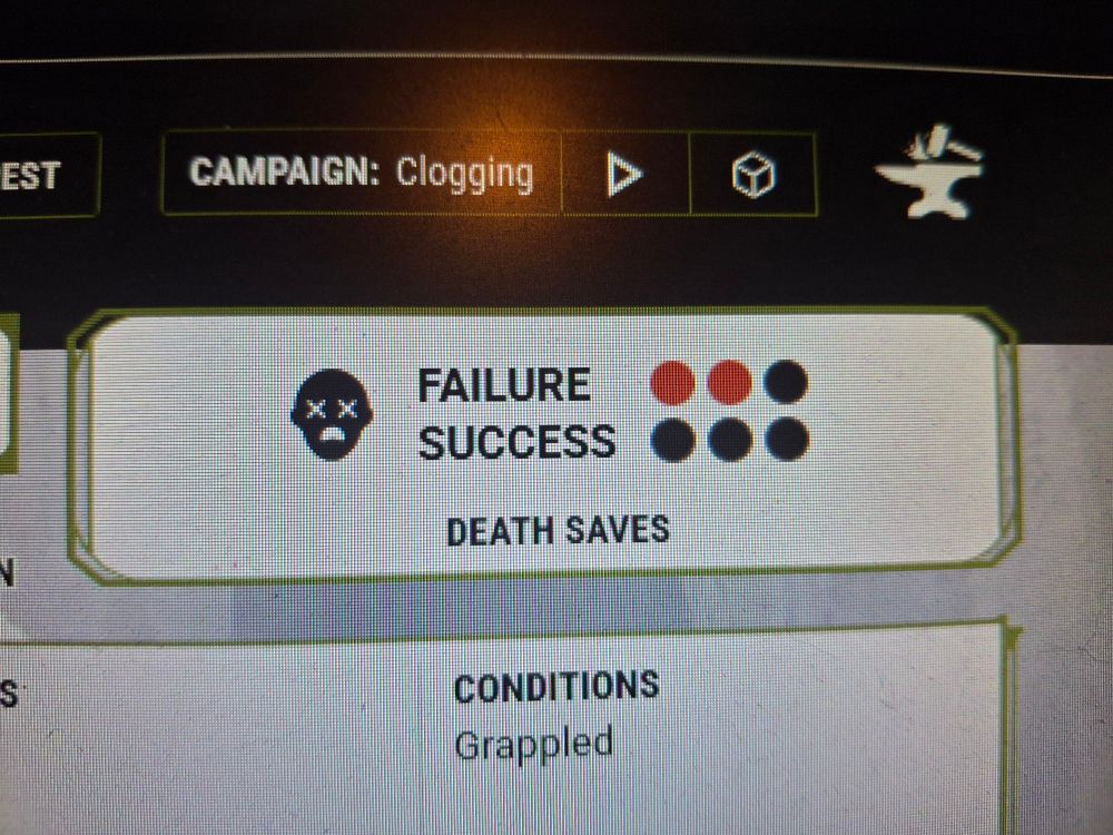 A portion of a D&D Beyond character sheet showing death saves, with two failures and no successes. 