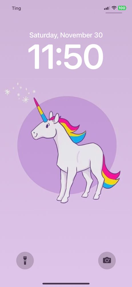 Lock Screen showing a unicorn with the pansexual pride flag as horn and tail. Technically I'm bi, but long ago when I last liver with my parents I used to use this during pride month instead because I knew for sure my mom wouldn't recognize it as a pride flag, and my mom's seriously queerphobic. Right now I need that "scared but also middlefingering the fundamentalist hate" energy.