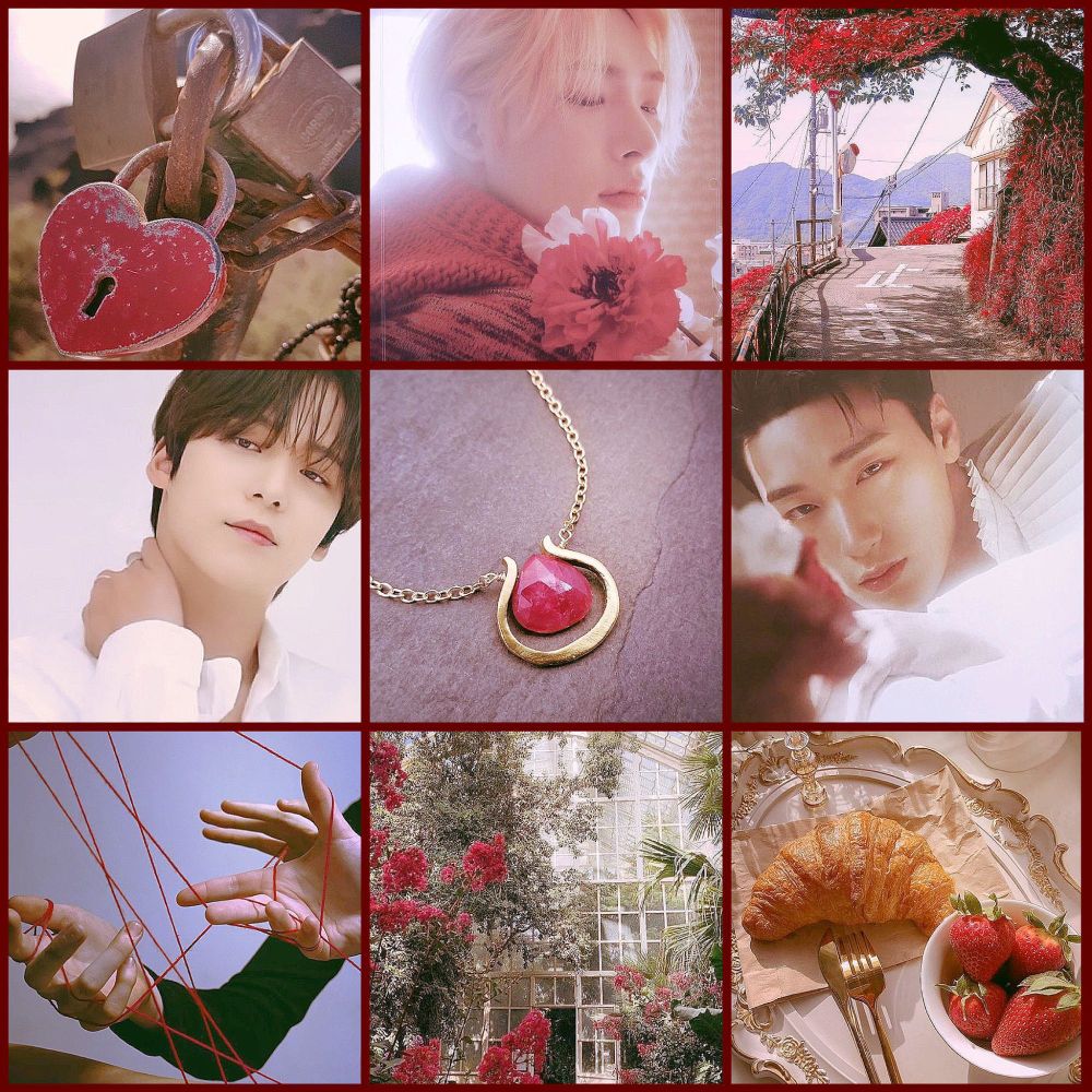 red moodboard with hints of white and gold, showing yunho, mingi and san, flowers, red string of fate, pastries and fruit