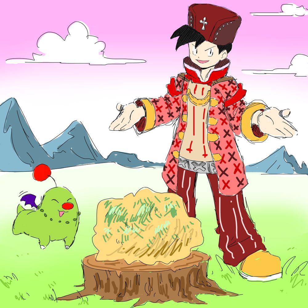 Gold from Pokémon Gold/Silver/Crystal Versions dressed as Gurdy from Final Fantasy Crystal Chronicles, trying to sell you a moldy loaf of bread as a model of the world and accompanied by a Chikorita-Moogle.