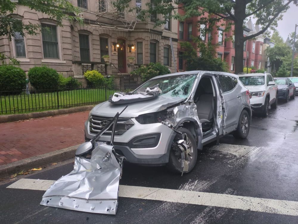 Emergency workers sent a civilian to the hospital after an Afghanistan War era military vehicle smashed into their car.