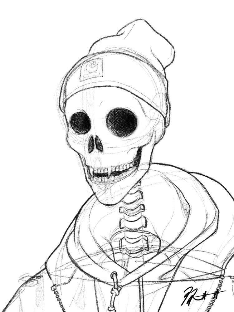 A digital sketch of a skeleton wearing a Carhartt beanie and a jacket.