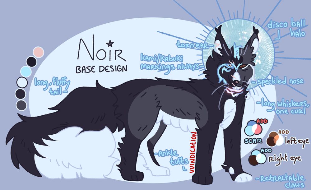 digital artwork reference of a wolf/lynx hybrid creature fursona named Noir. he is black and grey with white spotting, pale blue kabuki markings on vir face, and a disco ball halo. various labels point out design details
