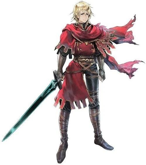Stocke, from the game Radiant Historia. A blonde swordsman wearing red.