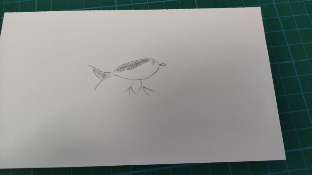 Meine Bleistiftzeichnung eines angeblichen Vogels auf weißem Papier.