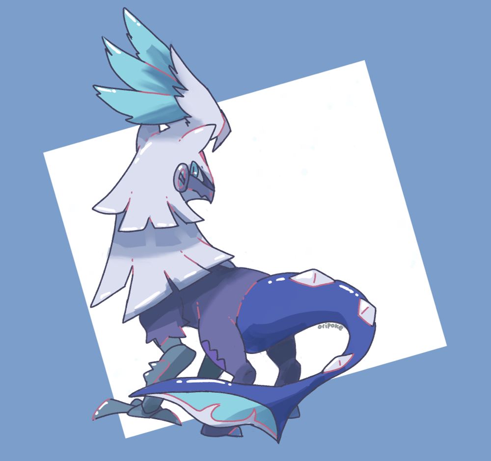 Fan art of the Pokémon Silvally, a chimera-like creature that combines a wolf and a bird. The coloring suggests it is an ice or dragon type.