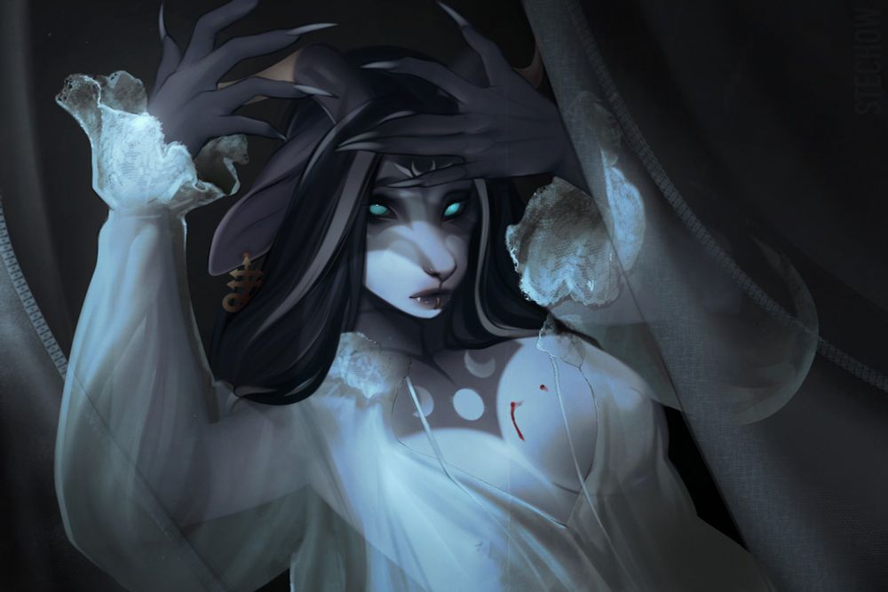 A vampire baphomet woman dressed in a flowy white night gown. She has a vampire bite above her right breast. Her eyes are an eerie muted blue and her hands are above her head.