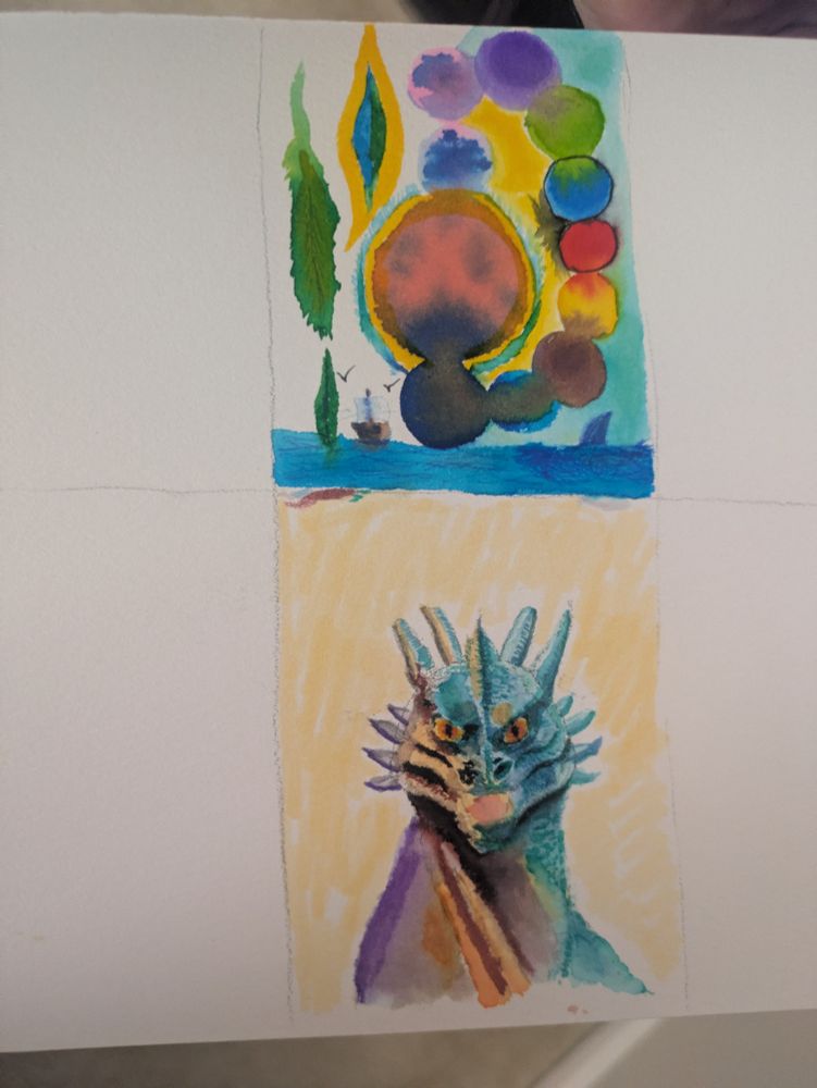 A small practice area full of circles in different colors with various little objects depicted like a boat, some birds, a giant shark fin, a leaf

Below that is a watercolor of a blue-green dragon on a light yellow background