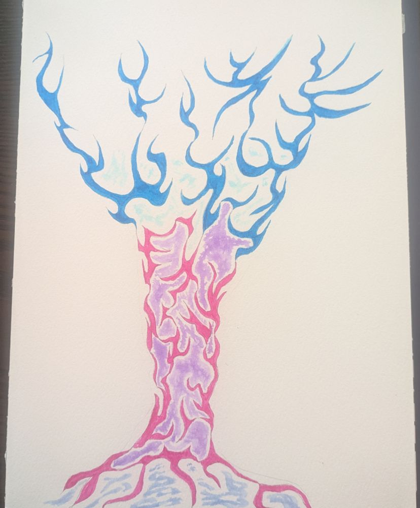 A tree made up of weird, twisted shapes in pink and blue with a light purple trunk with shadows in the roots and light blue haze in the branches