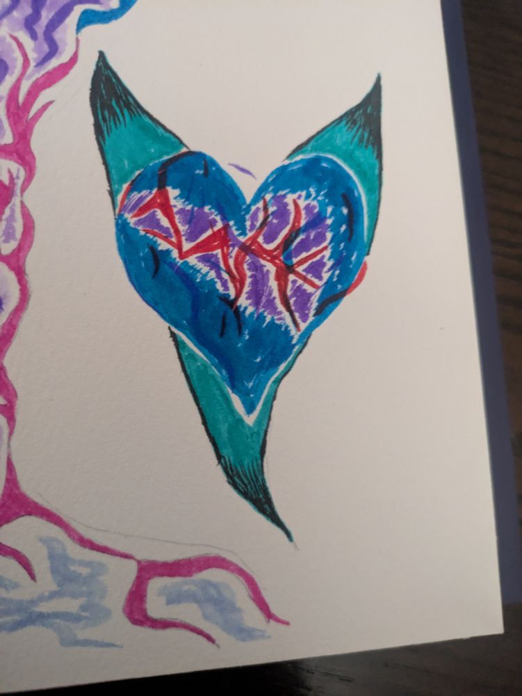 A blue heart with purple and pink rips showing through it is accompanied by some weird tails