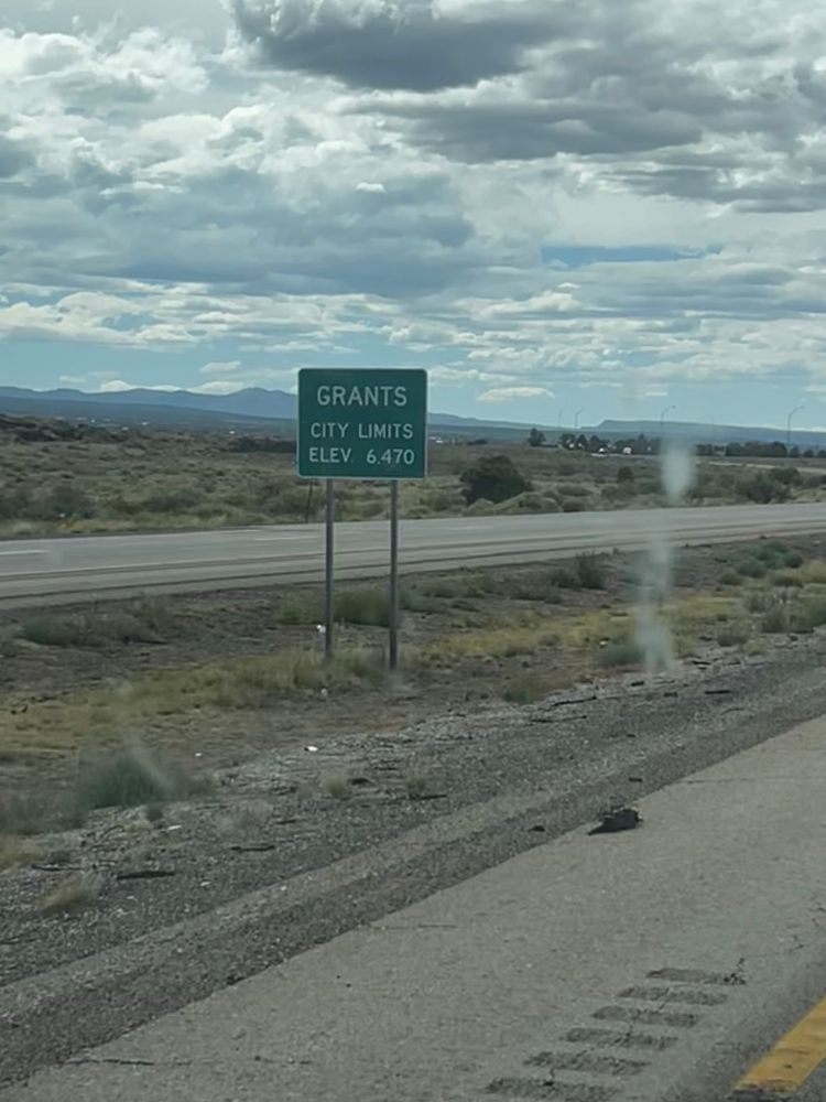 Green road sign on the highway that says:

Grants
City Limit
Elev 6470