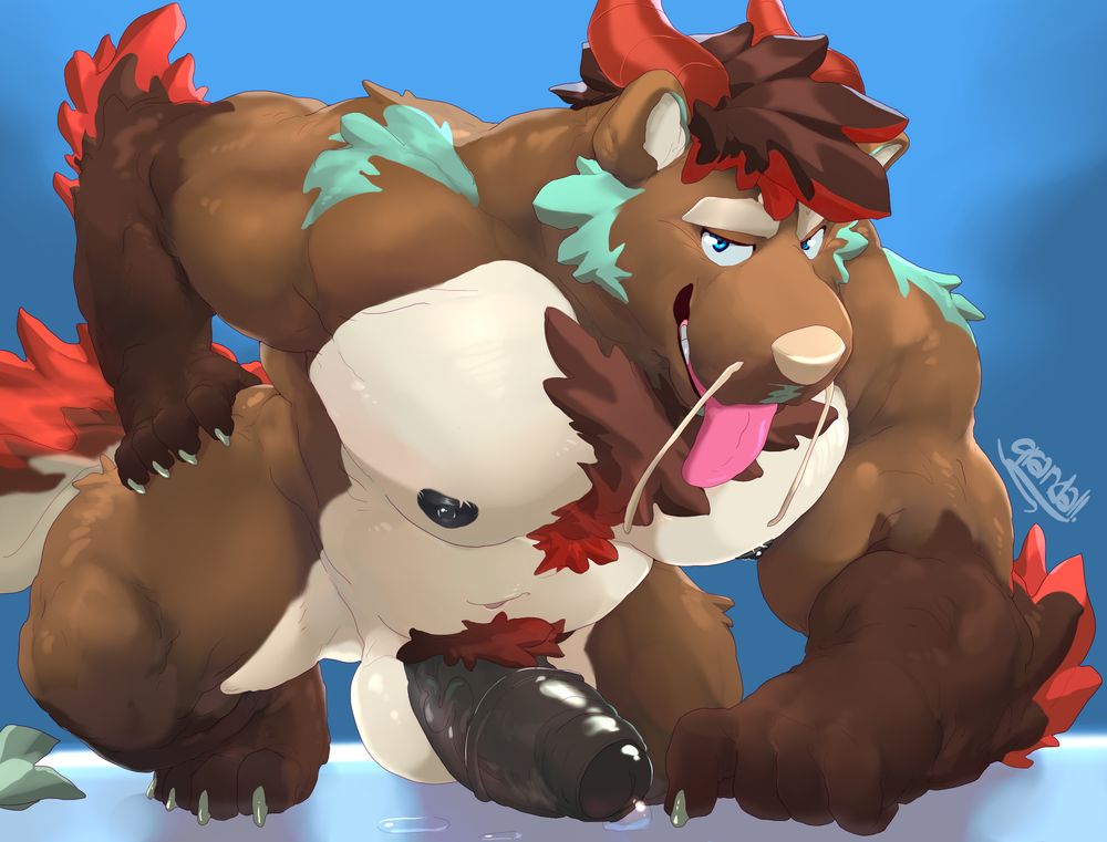 Bear/Dragon hybrid lookin' ready for some real fun. Poised on the ground, his fat dick presses against the floor, leaking pre-cum as he looked at the viewer; ready for the plappin. 🐊🐊