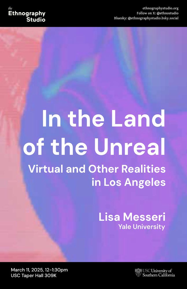 Promotional poster with a pixelated pink and purple background, a blown-up portion of the image on the cover of "In the Land of the Unreal," book by Lisa Messeri.
