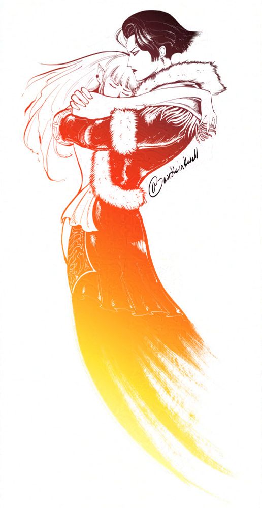 A dark brown, red, orange and yellow gradient colored piece of Emet-Selch and a half-Elezen 'Warrior of Light' from Final Fantasy XIV: Shadowbringers . They are embracing in the style of Final Fantasy VIII's logo.