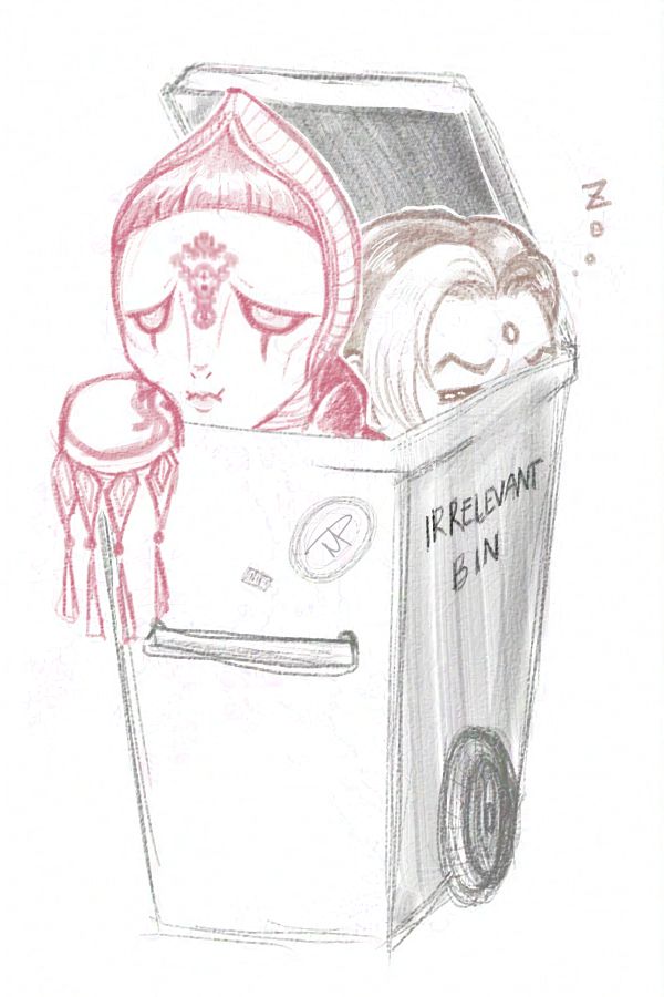 A chibi doodle of Zant from Legend of Zelda: Twilight Princess looking rather pathetic, and Emet-Selch from Final Fantasy XIV: Shadowbringers seemingly taking an old man nap. Both characters are crammed into a tall garbage can together, which is labeled as the "irrelevant bin."