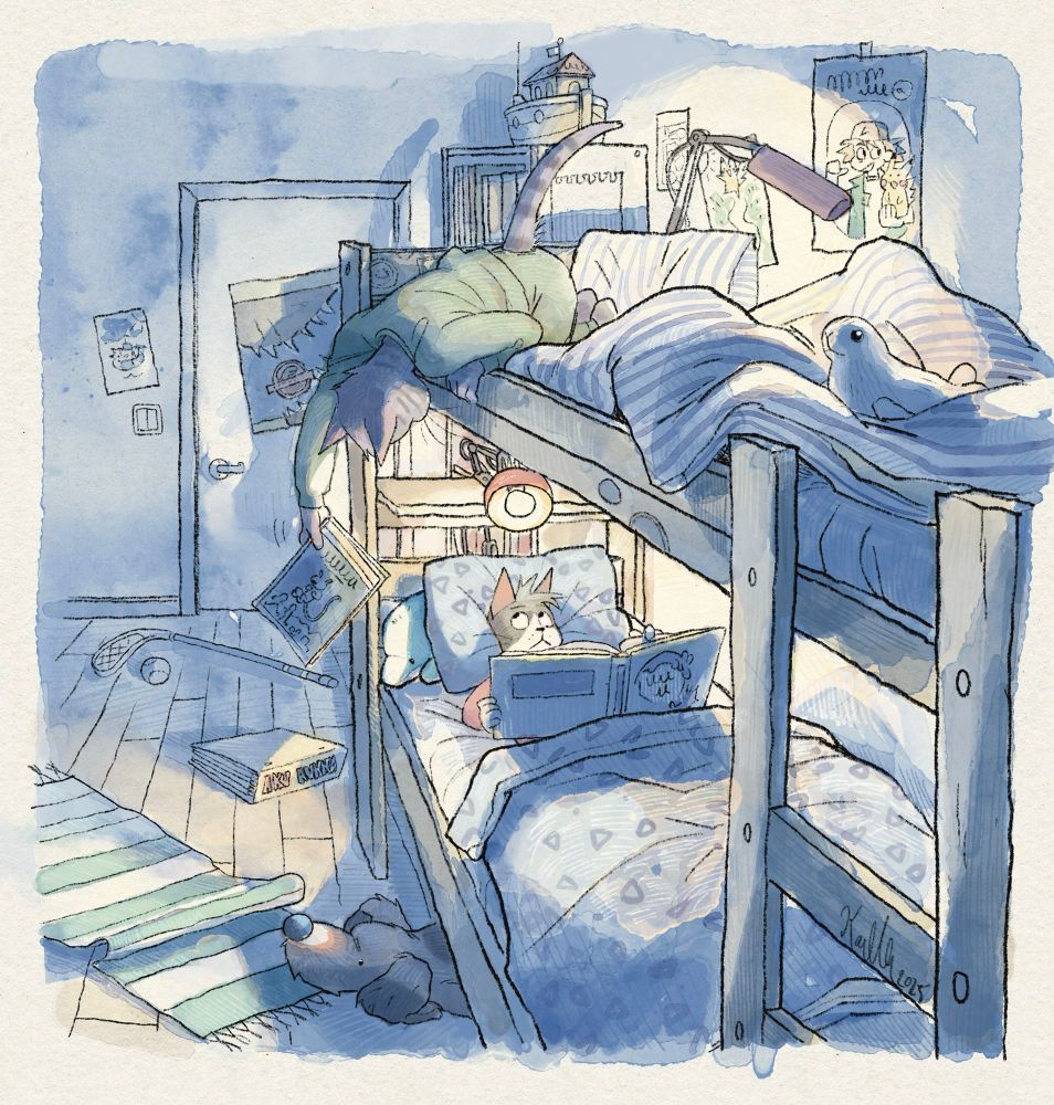 Two kittens in bunk beds reading comics under their desk lamps. Kitten on the top bunk tries to lure his brother to swap books with him. There’s toys on the floor and drawings on the walls.