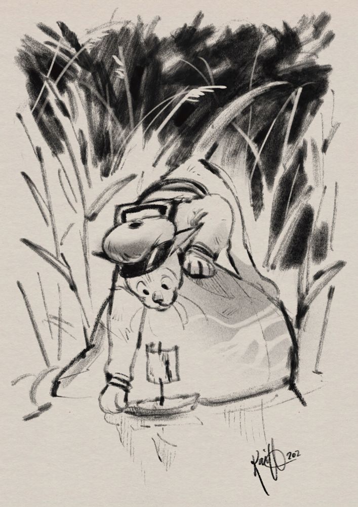 A cat in a sailor uniform playing with a boat made of tree bark. It’s reaching towards water from a rock. There’s bed of reeds behind it.
