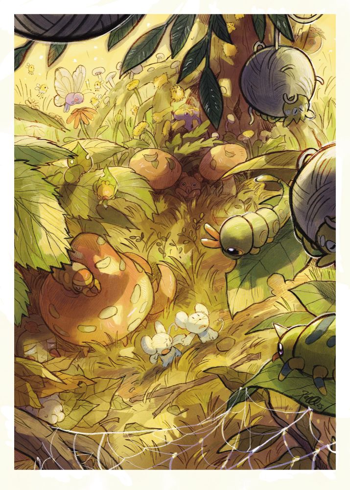 A down shot of ground under tree with a lot of foliage and shady spots. A pair of tandemaus are rushing through the grass while a bunch of big pokemon are looking at them or doing their own bug stuff. 