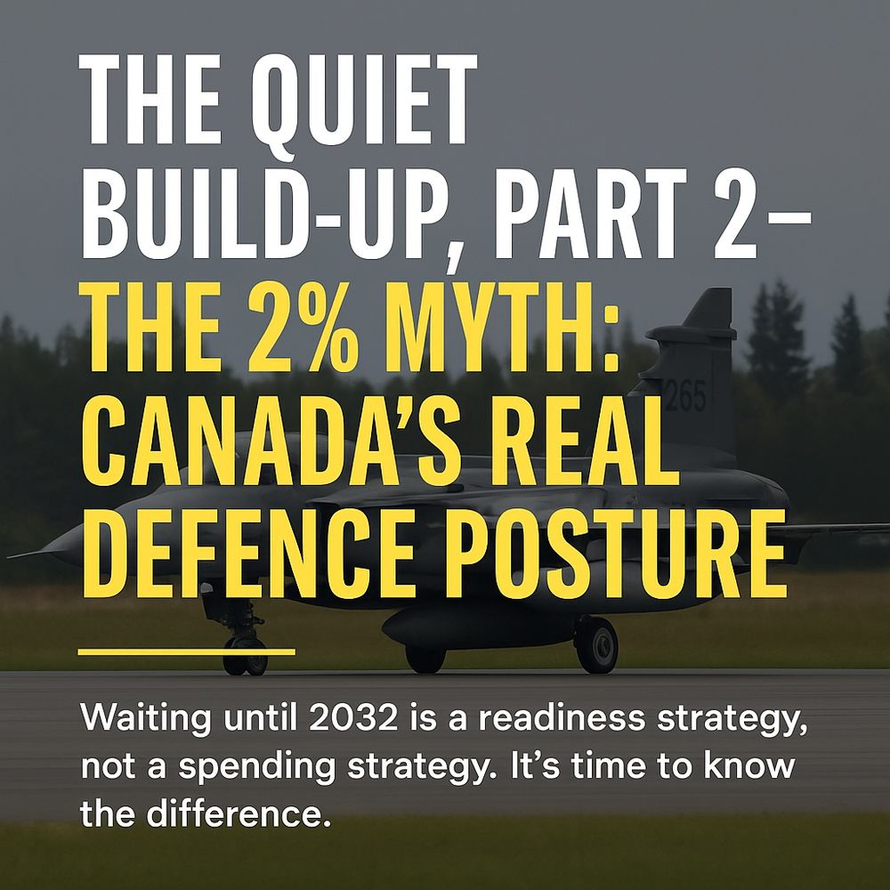A Saab Gripen fighter jet sits on a runway in front of a line of trees under cloudy skies. Bold text reads: “The Quiet Build-Up, Part 2 – The 2% Myth: Canada’s Real Defence Posture.” A yellow line separates the title from a caption that says, “Waiting until 2032 is a readiness strategy, not a spending strategy. It’s time to know the difference.”
