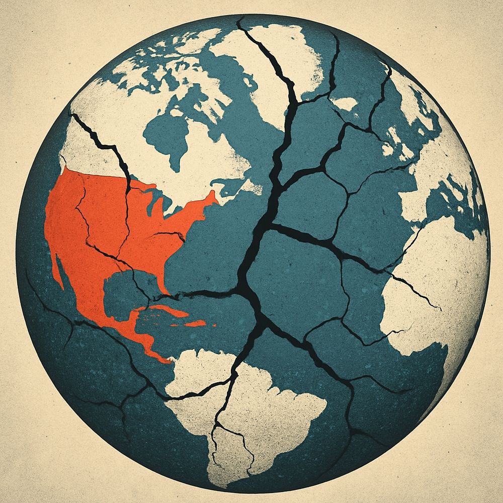 A digital illustration of a globe centered on North America, visibly cracked down the middle to suggest geopolitical and economic fragmentation. The image symbolizes rising instability in the U.S. and its impact on Canada and global markets. AI-generated image by ChatGPT, designed for the post “The Data Doesn’t Lie—Until It Does” on Between the Lines.

