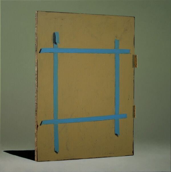 Cover art for disc 6 of Everywhere At The End Of Time by The Caretaker. Art depicts something that resembles a tan painting canvas with a square taped out in blue painters tape on it.
