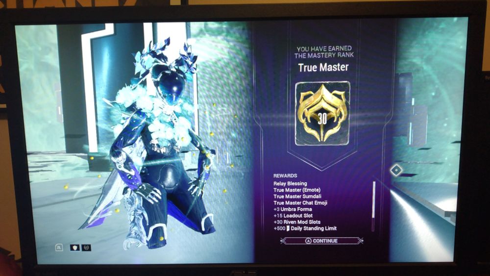 Mission complete screen for the Mastery Rank 30 test in Warframe. 