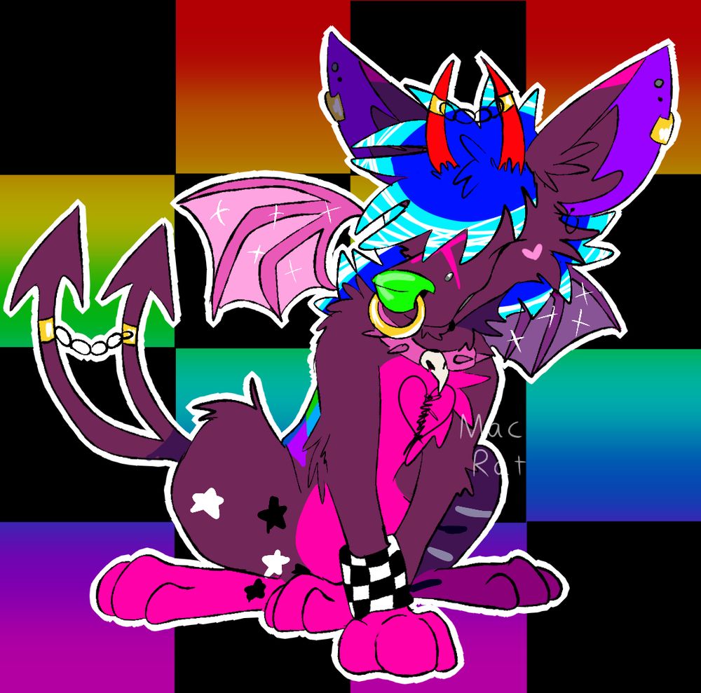 A dark mauve coloured sparkledog. She has two red horns, blue hair, and a green nose with a big nose ring. Her hair covers its eyes. It has two pink sparkly bat wings, and two tails. Their stomach and paws are a dark pink.