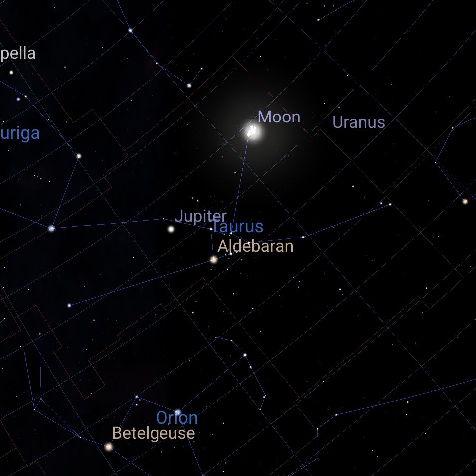Image showing location of Moon and Pleiades tonight in the constellation of Taurus from the Stellarium app.