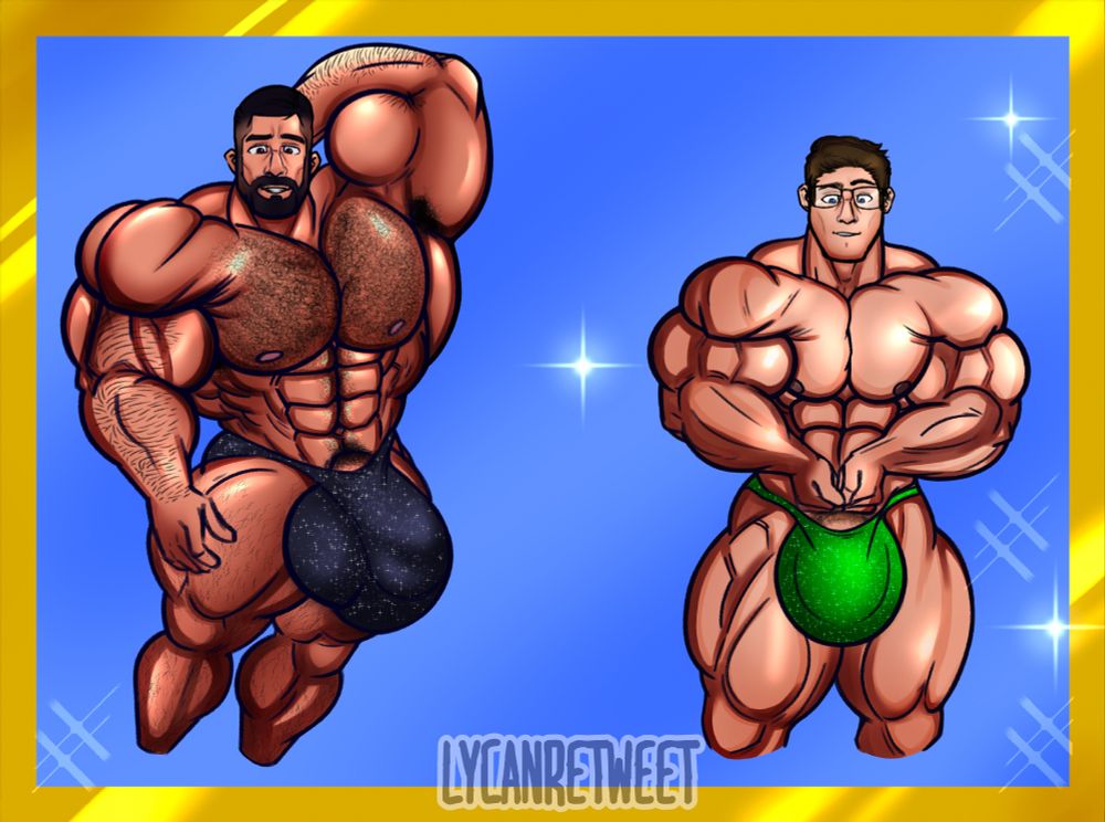 A piece with two massive bodybuilders flexing in the mirror, to the left has the much larger man wearing a dark, sparkly poser, arm raised with body hair abound. The right has a man with a green sparkly poser, opting for a most muscular pose.

In this edit, the holds no streak to see the characters better.