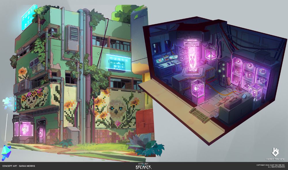 Exterior and interior concepts. The exterior building shows a broken-down green metal building covered with pipes and tiled skull murals. The Interior is dark and lit by glowing cabinets and computer terminals, wires hang from ceiling and lay across the old metal floor. 