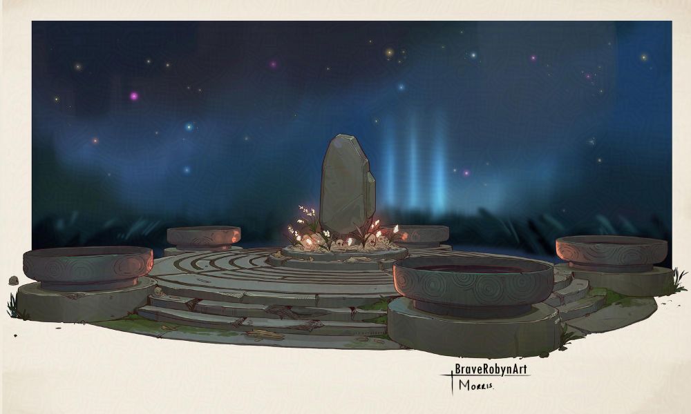 Cyrcilure steps with 5 ancient unlite metal fire braziers. Standing stone one raised step in the center surrounded by skulls and glowing flower