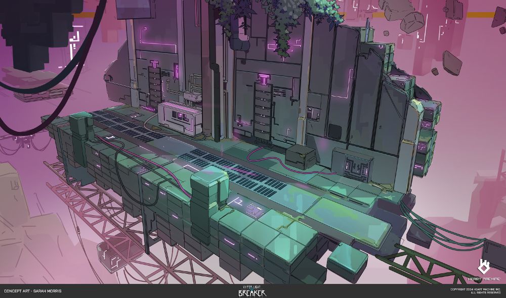 Green and teal broken platform made from old computer servers and tech, overgrown with plant life. Pink atmosphere in the background 