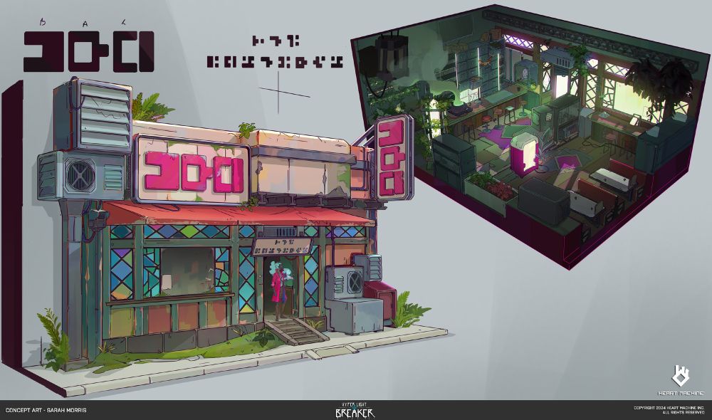 
Exterior and interior concepts for an old rundown bar with stained glass. Inside is a smokie dive with lots of plants and hanging cages for different creatures. 
