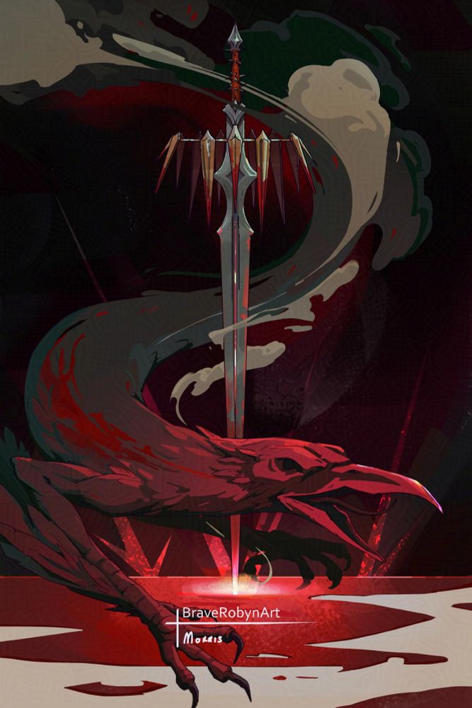 A long sword with barbs for the hilt, and metal bards coming from the hilt. Around the blade is a spectral birdlike dragon that vanishes into smoke near the top of the image