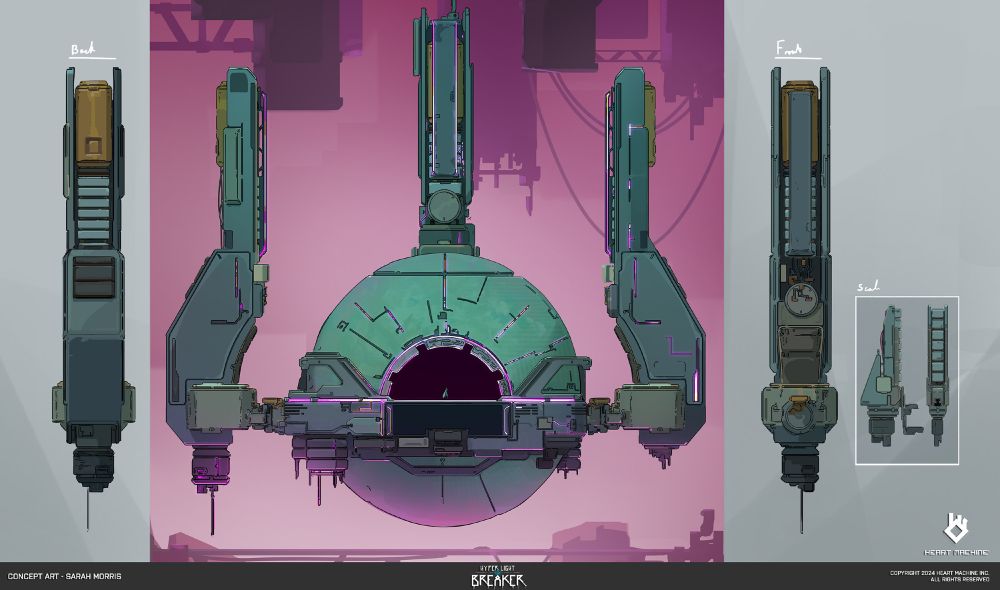 Otho concept of a large green metal sphere with server towers surrounding it, and a pink atmosphere behind it. 