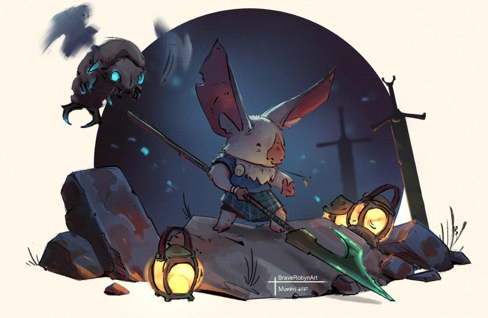 Concept of a white bat hunter, standing on a rocky environment, lit by lanterns and wearing a kilt. 