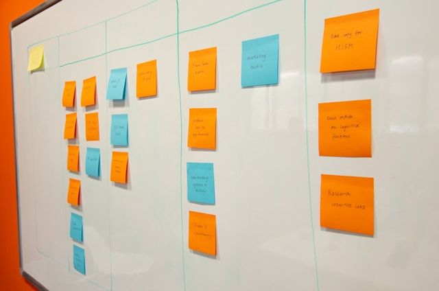 Photo by Paymo on Unsplash - A whiteboard covered with orange and blue sticky notes organized in columns with green tape lines, representing a structured workflow or accountability system for team planning and task management.