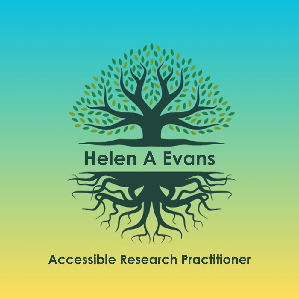 Image of a tree and its roots. Text 'Helen A Evans' placed in between tree and roots with text: 'Accessible Research Practitioner' below.