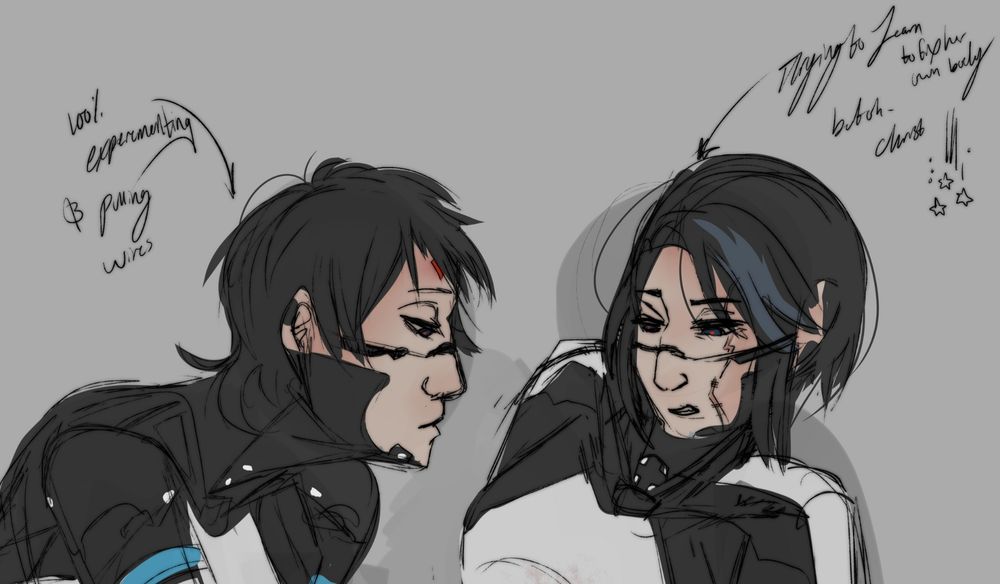 Crop image of Tabr meddling inside if Minzes' body text saying '100% experimenting & pulling wires' pointing to Tabr and 'trying to learn to fix her own body, but, oh crist' pointing to minze