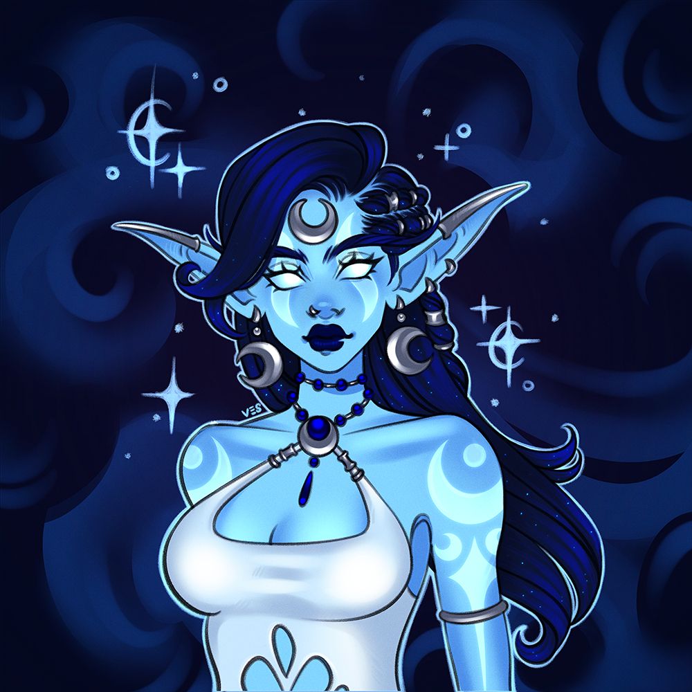 A night elf from world of warcraft stands with a swirling moonlight background behind her. She has long blue hair, with tattoos and accessories that reference a triple goddess moon theme.