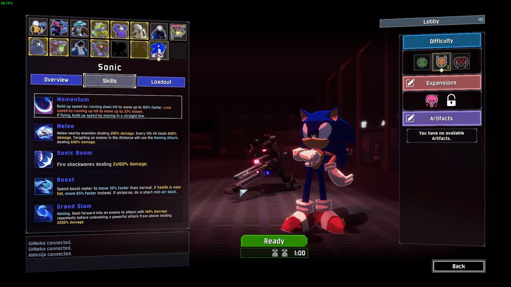 Screenshot of Sonic the Hedgehog as a custom character in a Risk of Rain 2 multiplayer lobby.