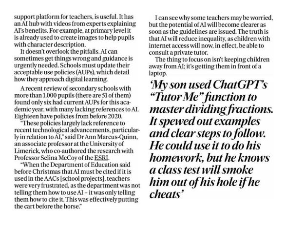 Mary McCarthy in the Irish Independent highlights my research with Dr Ann Marcus-Quinn on the need for official guidelines from the Department of Education for schools on student use of AI. The paper is based on analysis of school acceptable use policies and a survey of school leaders.