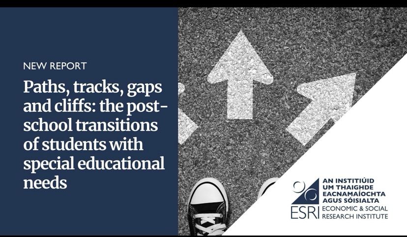 Visual of feet and arrows ahead for different post school pathways. The report is published today and authored by Selina McCoy, Keyu Ye and Eamonn Carroll, ESRI